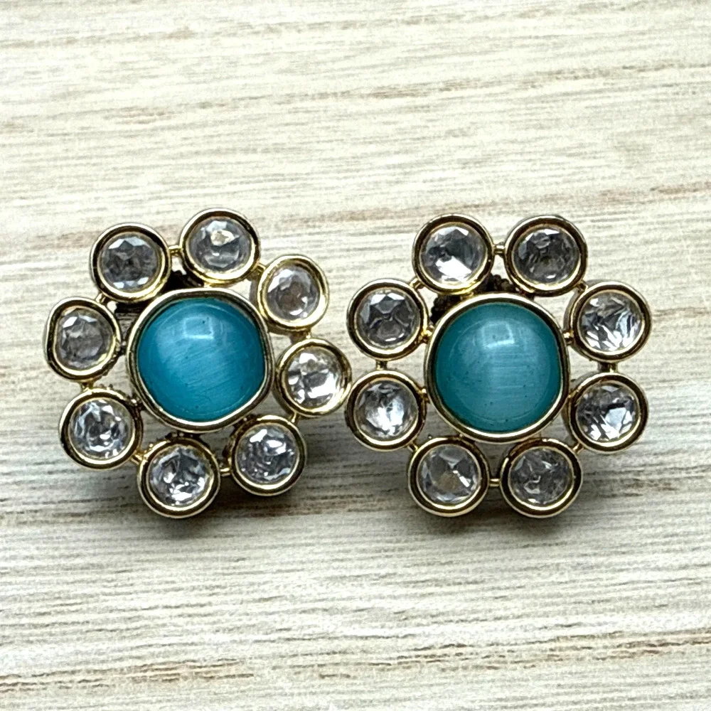 Crystal Halo Earrings Faux Turquoise Glass Cabochon Studs Southwestern Glam‎